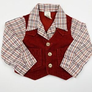 Vintage 1980s Toddler Boys Corduroy Vest Plaid Shirt Set 18 Months